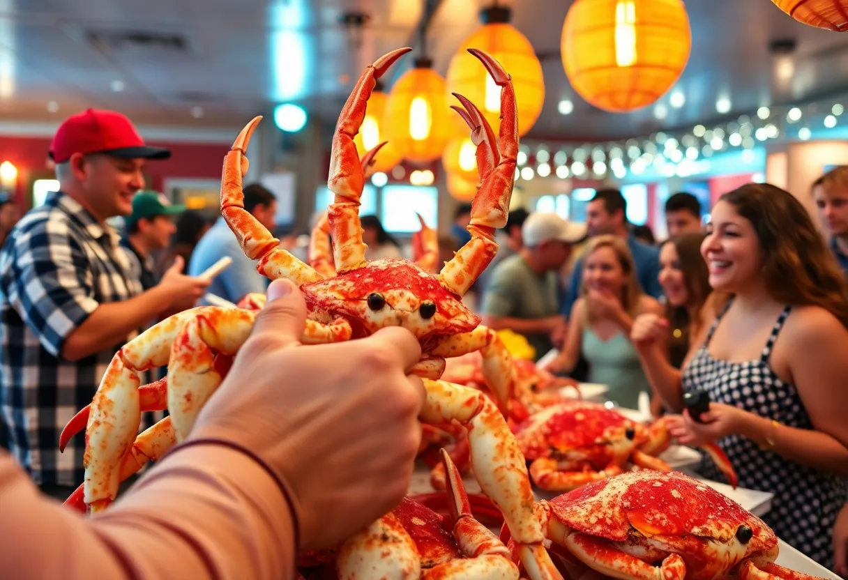 Guests enjoying stone crab claws at Buck & Rider's event