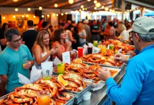 People enjoying seafood at Buck & Rider's Stone Crab Day event