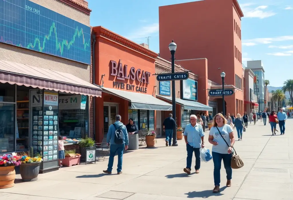Scene of vibrant economic activity in Tempe, Arizona with small businesses and consumers.
