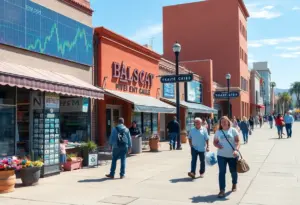 Scene of vibrant economic activity in Tempe, Arizona with small businesses and consumers.