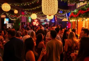 Thanksgiving Eve party atmosphere in Phoenix with people celebrating and enjoying live music.