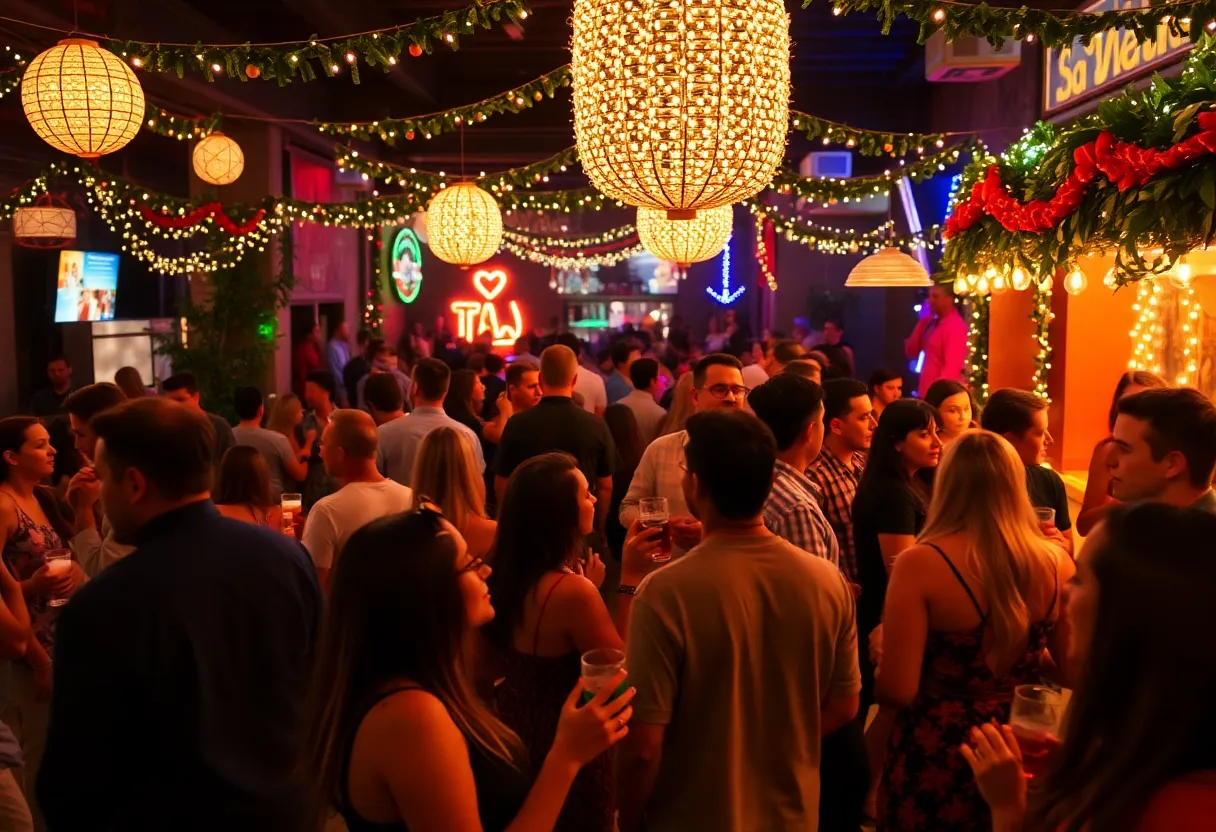 Thanksgiving Eve party atmosphere in Phoenix with people celebrating and enjoying live music.