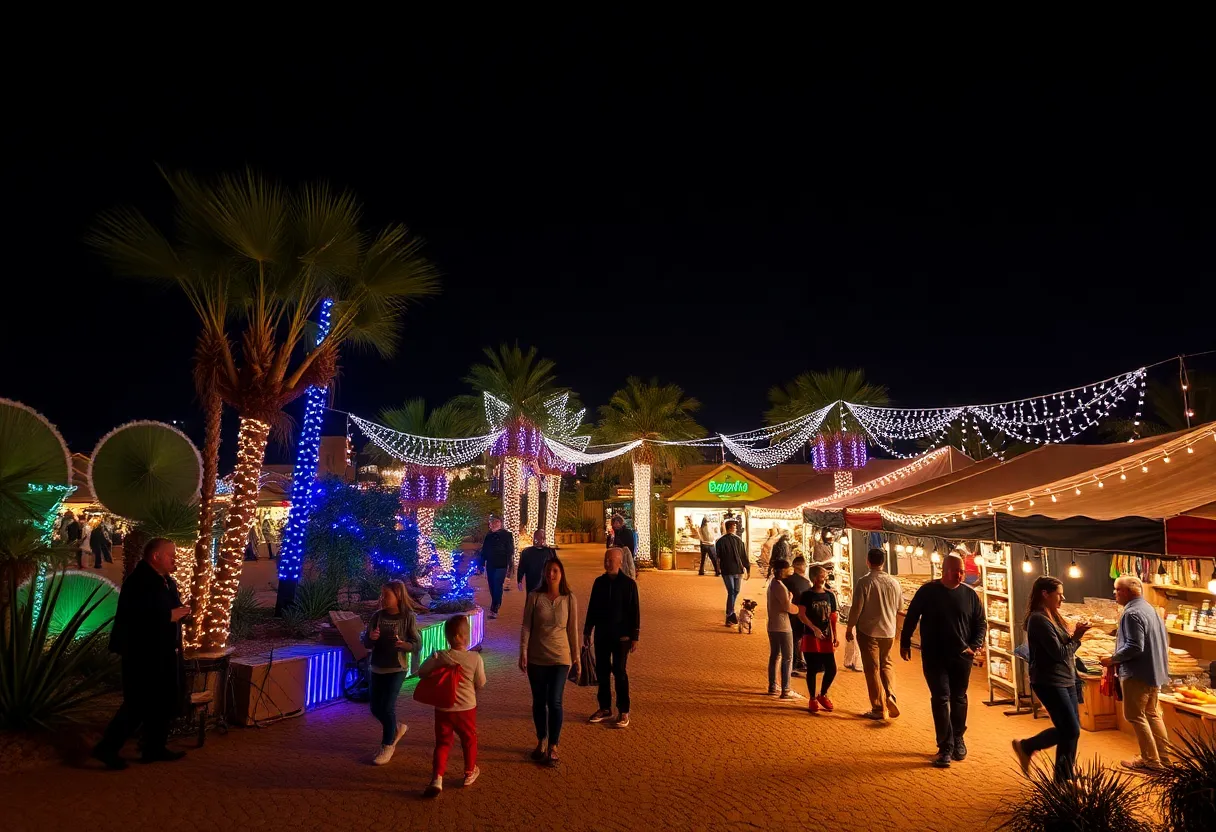 Desert garden illuminated with holiday lights at Tohono Chul