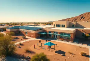 Aerial view of an elementary school in Phoenix, AZ, with children at play.