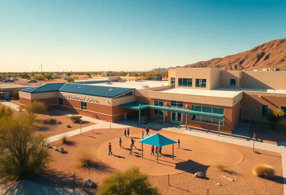 Aerial view of an elementary school in Phoenix, AZ, with children at play.