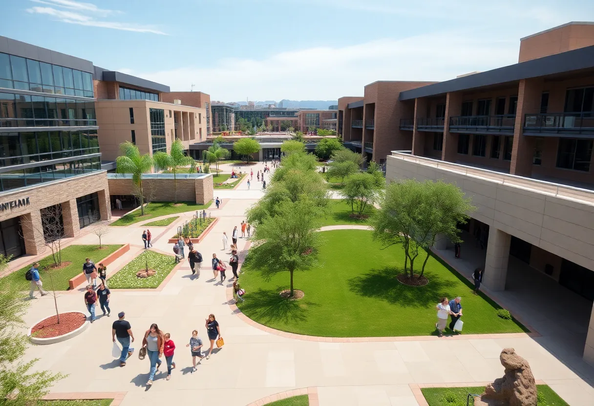 Aerial view of University of Arizona with students on campus