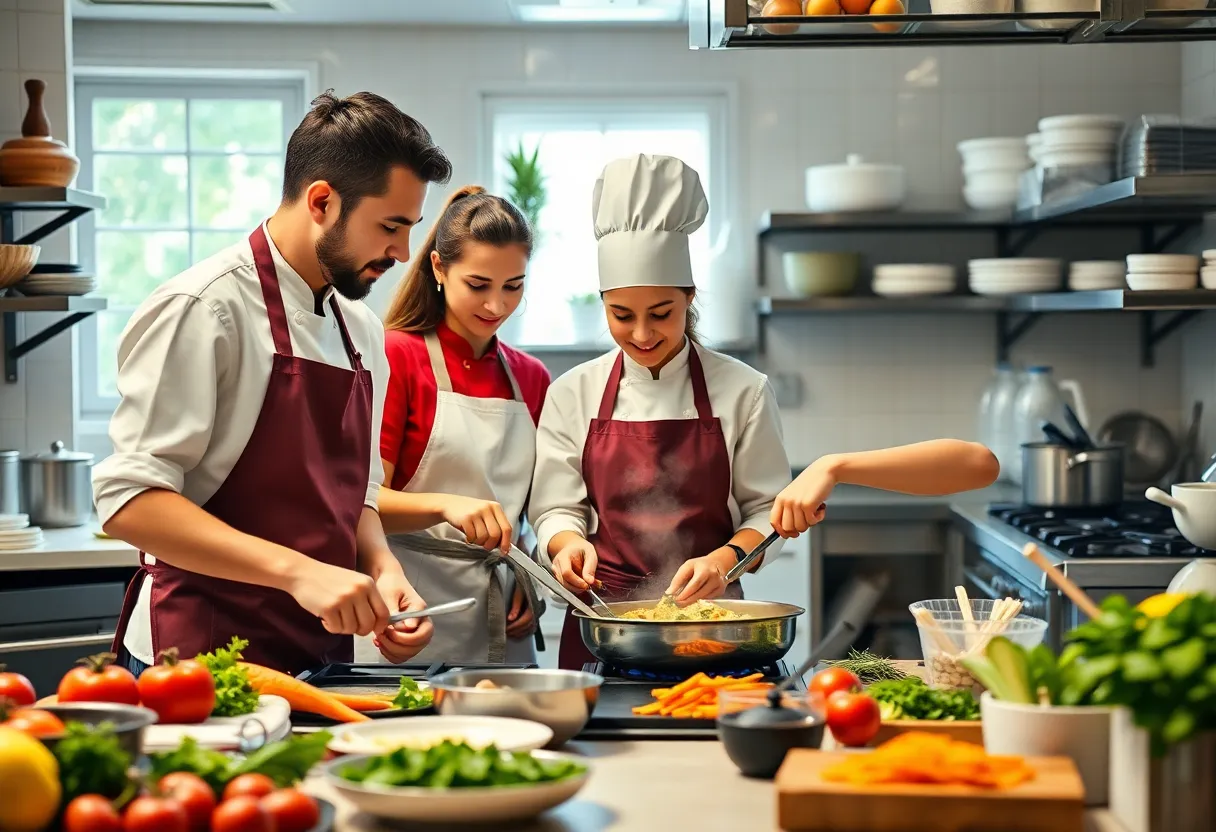 Group of young chefs cooking in a kitchen