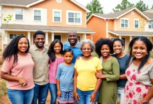 Families in front of affordable housing in Phoenix