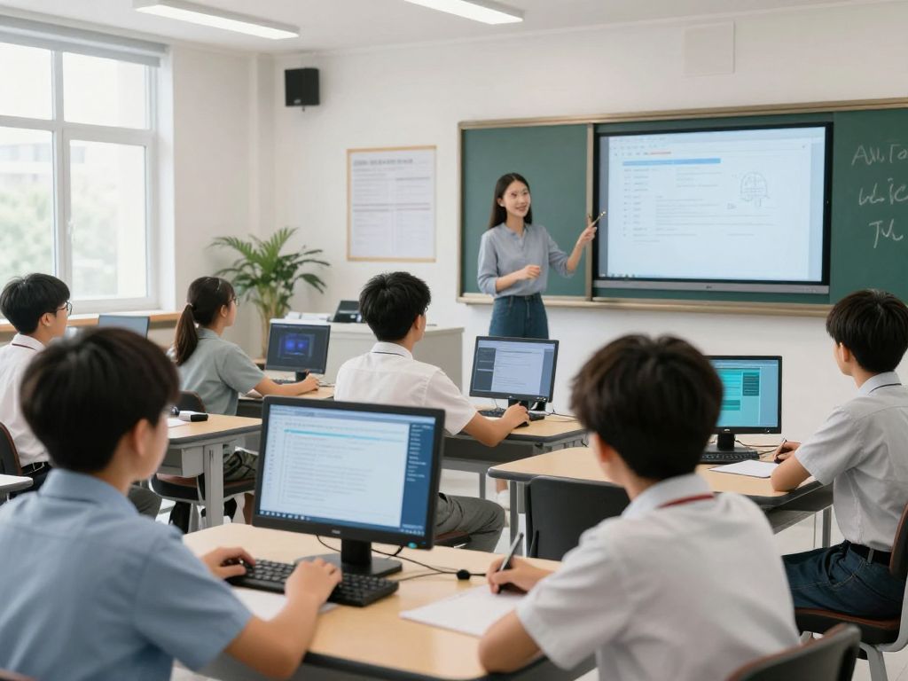 Students using AI technology in a classroom setting.