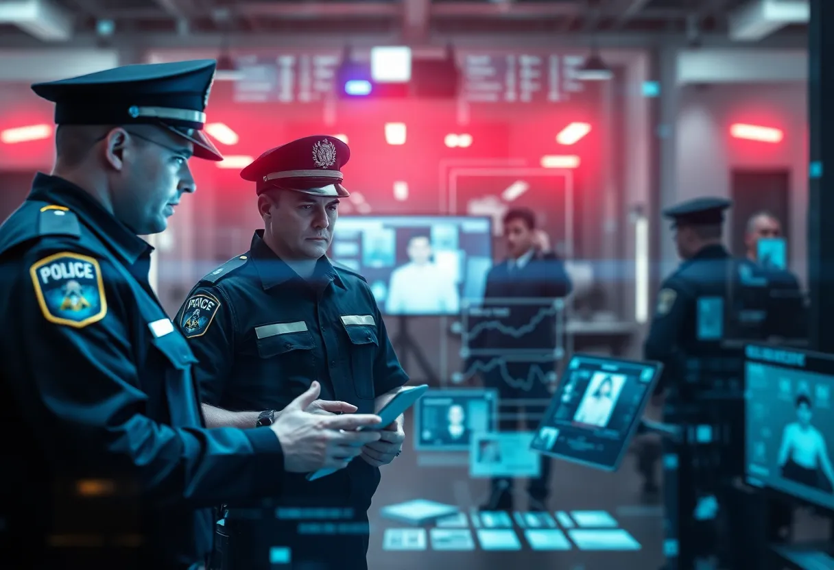 A visual representation of police using AI technology for suspect identification.