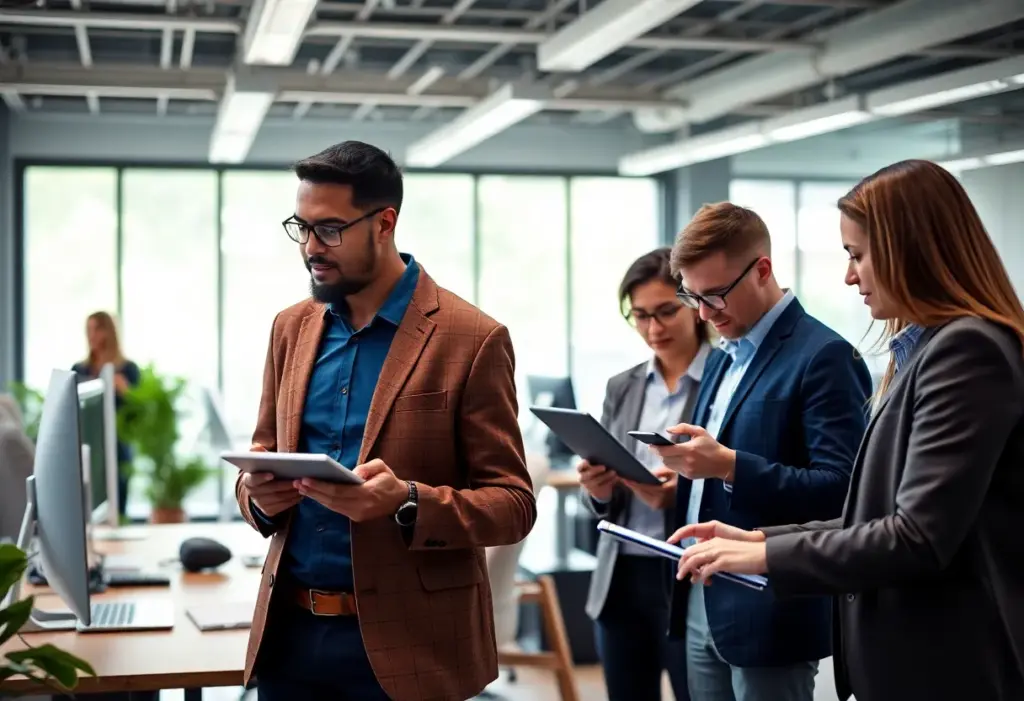 Professionals collaborating in an office setting on innovative AI strategies