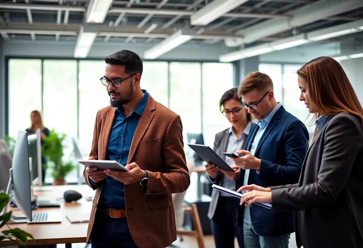 Professionals collaborating in an office setting on innovative AI strategies