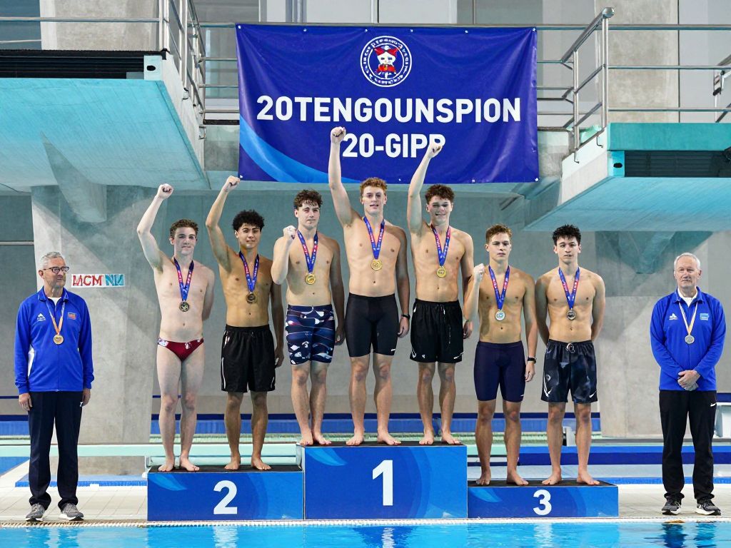 Young male swimmers and divers celebrating their team achievement at an aquatic event.