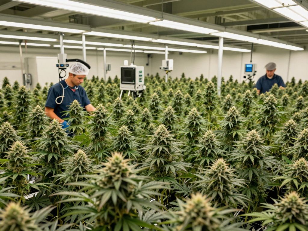 Cannabis cultivation facility in Arizona with lush plants and workers.