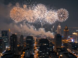 Fireworks over Phoenix skyline with visible air pollution