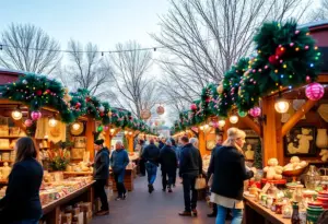A lively scene of a holiday market in Phoenix showcasing unique handmade gifts
