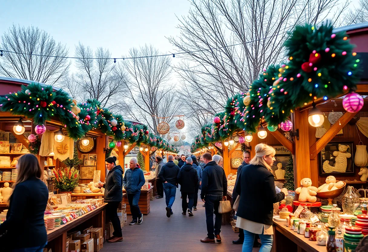 A lively scene of a holiday market in Phoenix showcasing unique handmade gifts