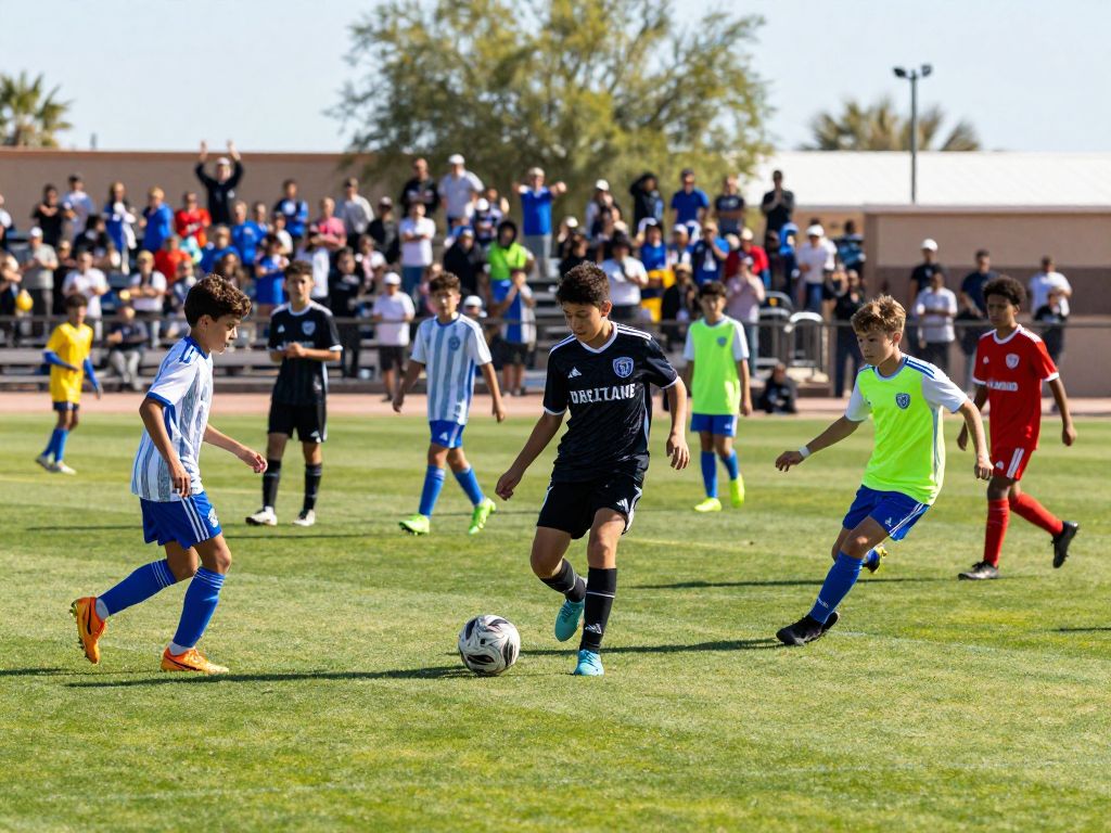 Young athletes playing soccer on a field in Arizona