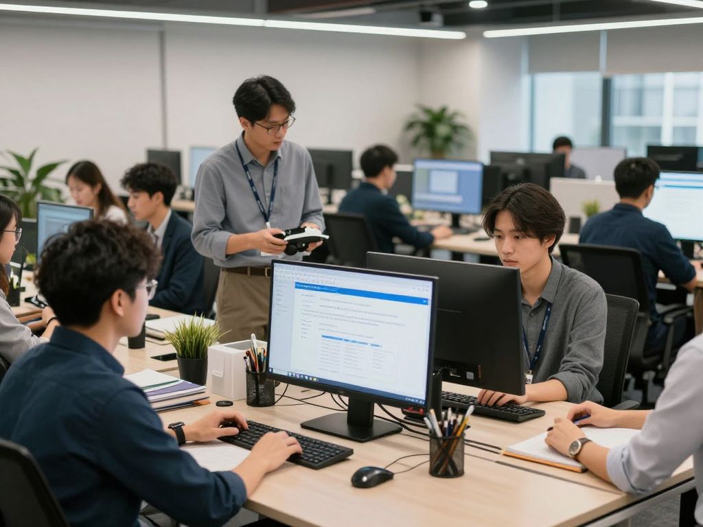 Team working on AI and health tech projects in a modern office.