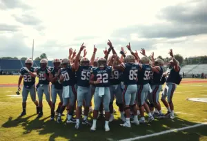 A group of football players celebrating on the field