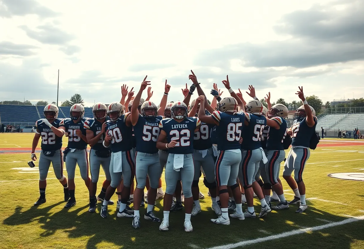 A group of football players celebrating on the field