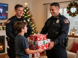 Arizona troopers delivering Christmas gifts to a child