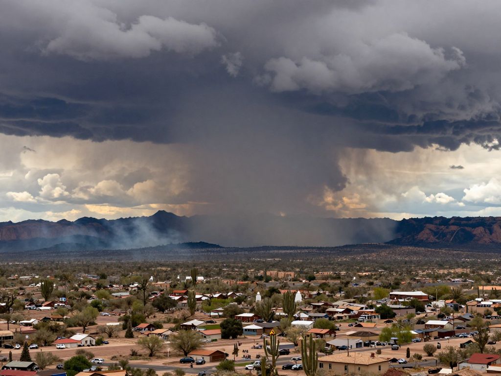 Dramatic weather landscape in Arizona showcasing wildfires and dust storms.