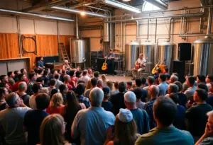 Stephen Ashbrook performing at Pedal Haus Brewery with an engaged audience.