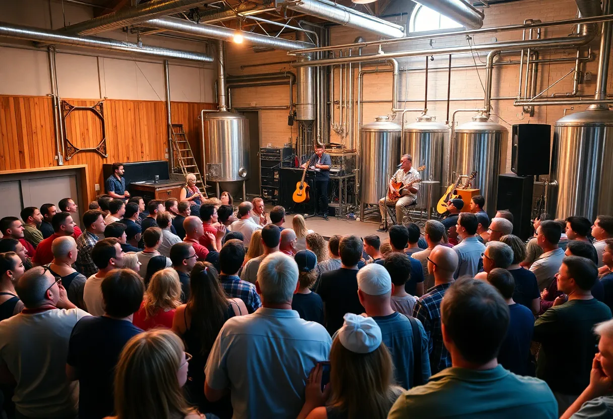 Stephen Ashbrook performing at Pedal Haus Brewery with an engaged audience.