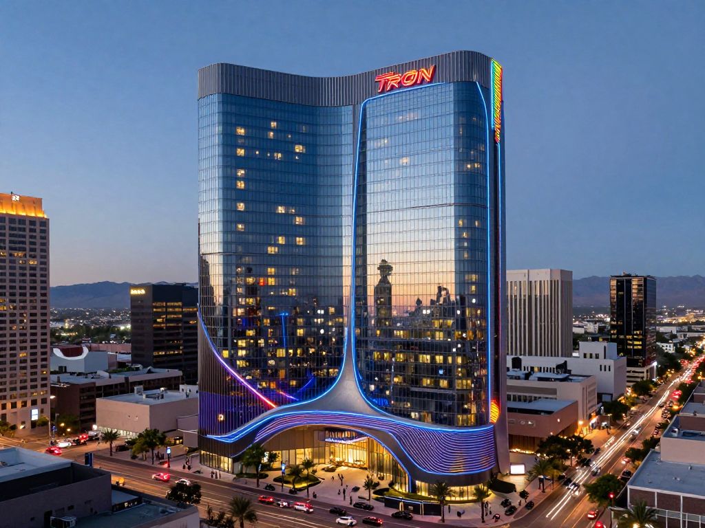 Futuristic hotel design inspired by Atari games and iconic films in downtown Phoenix.
