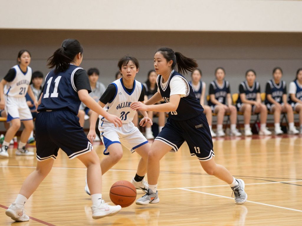 High school girls basketball teams competing in a dynamic game