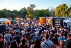 Crowd enjoying the Boots in the Park festival in Gilbert with live music and food stalls.