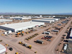 Aerial image of Burlington's distribution hub site in Buckeye with construction activity.