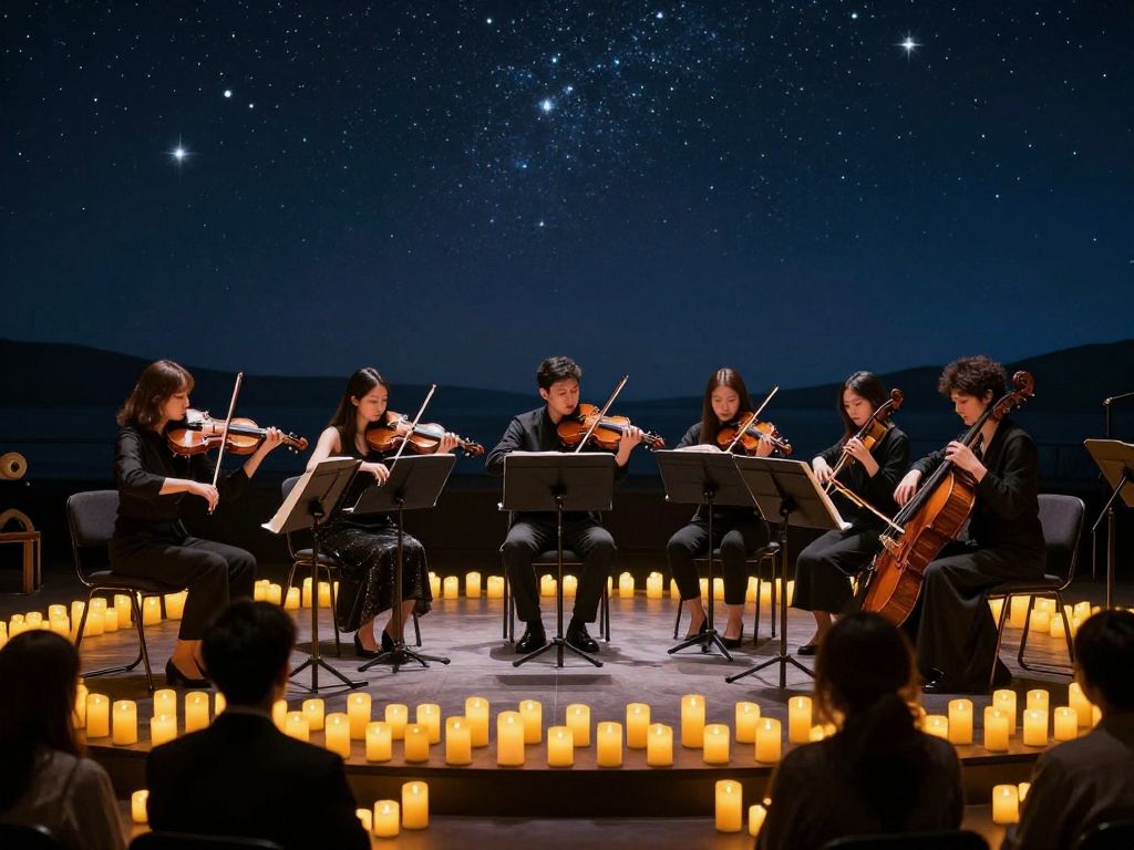 Candlelight concert featuring string musicians performing Bridgerton music