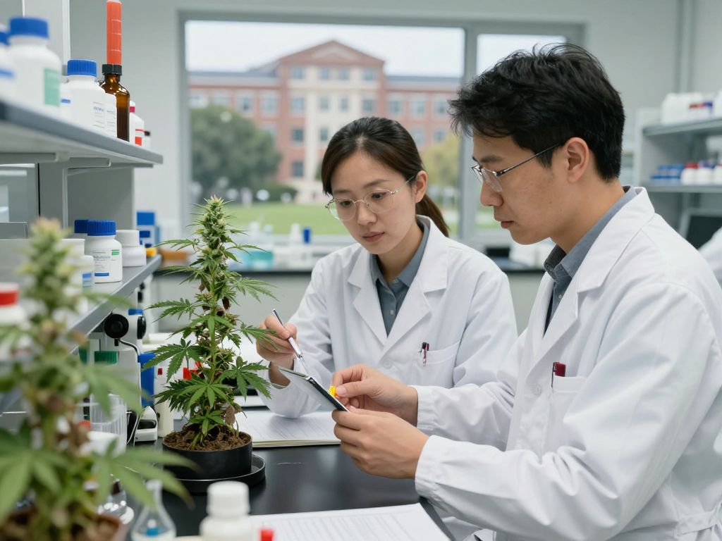 Researchers conducting cannabis studies at a university lab
