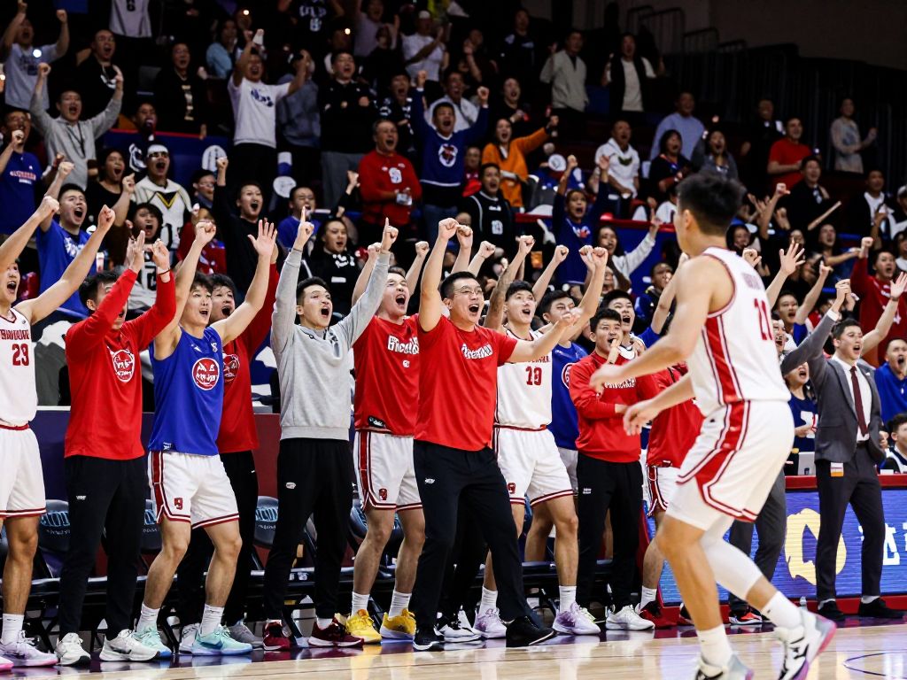Crowd cheering during a basketball game celebrating a major coaching milestone.