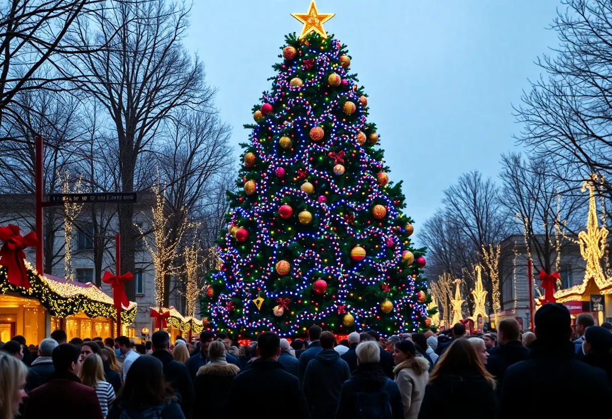 Tumbleweed tree lit up with colorful lights with festive crowd