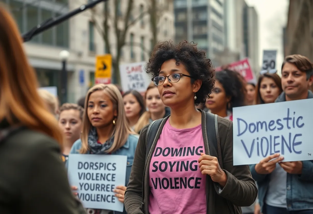 Community members discussing domestic violence awareness