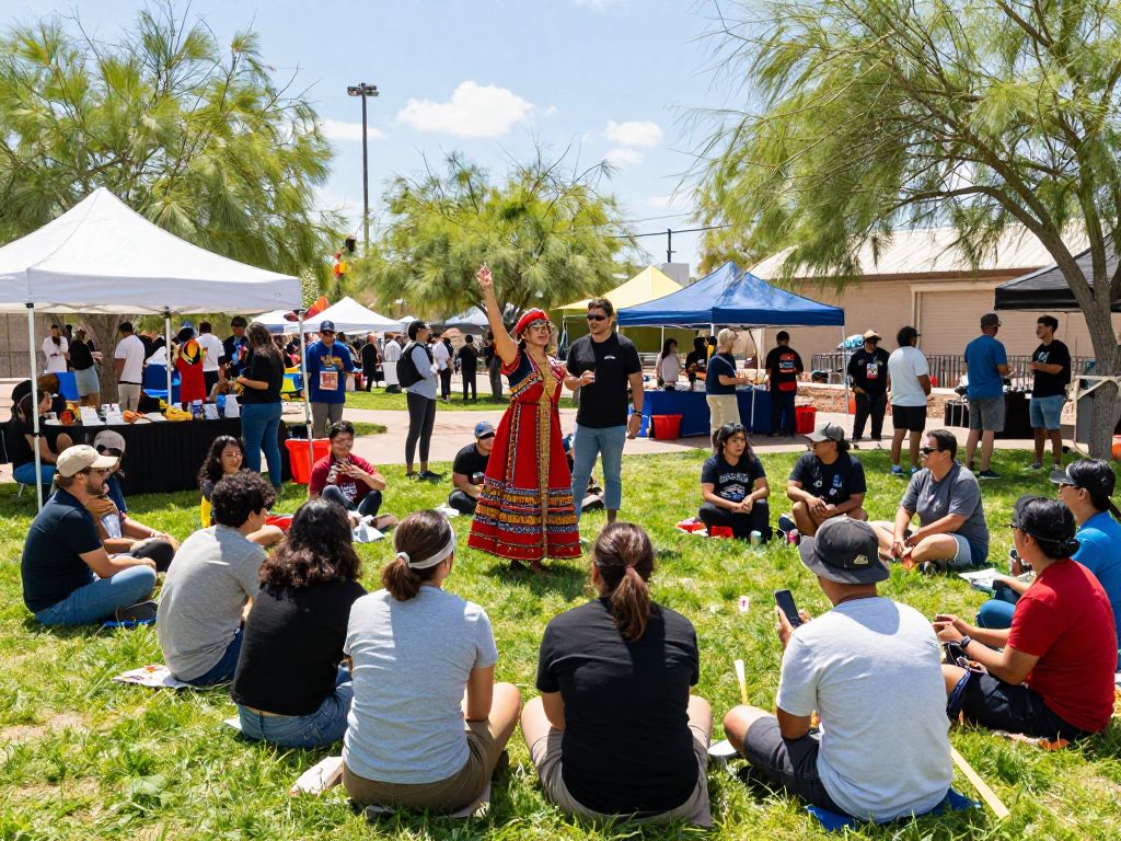 A lively scene of community engagement at an event in Phoenix with attendees participating in various activities.