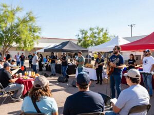 People gathering at a community event in Phoenix with lively atmosphere