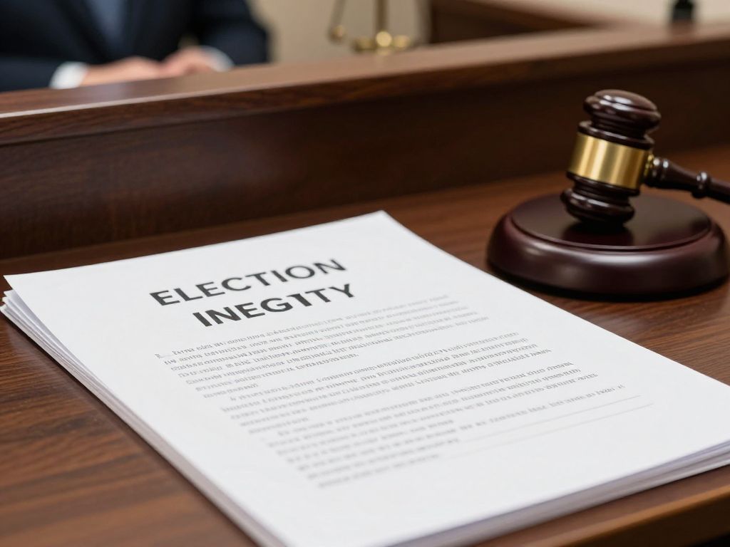Illustration of courtroom scene representing legal proceedings on election integrity