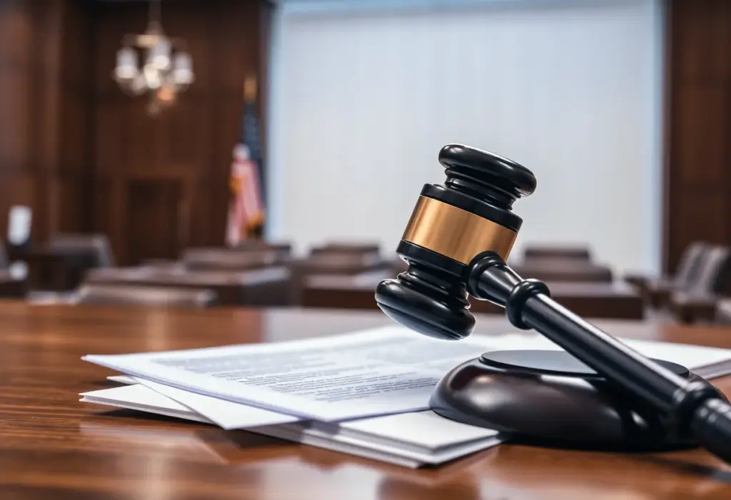 Courtroom setting with gavel and legal documents