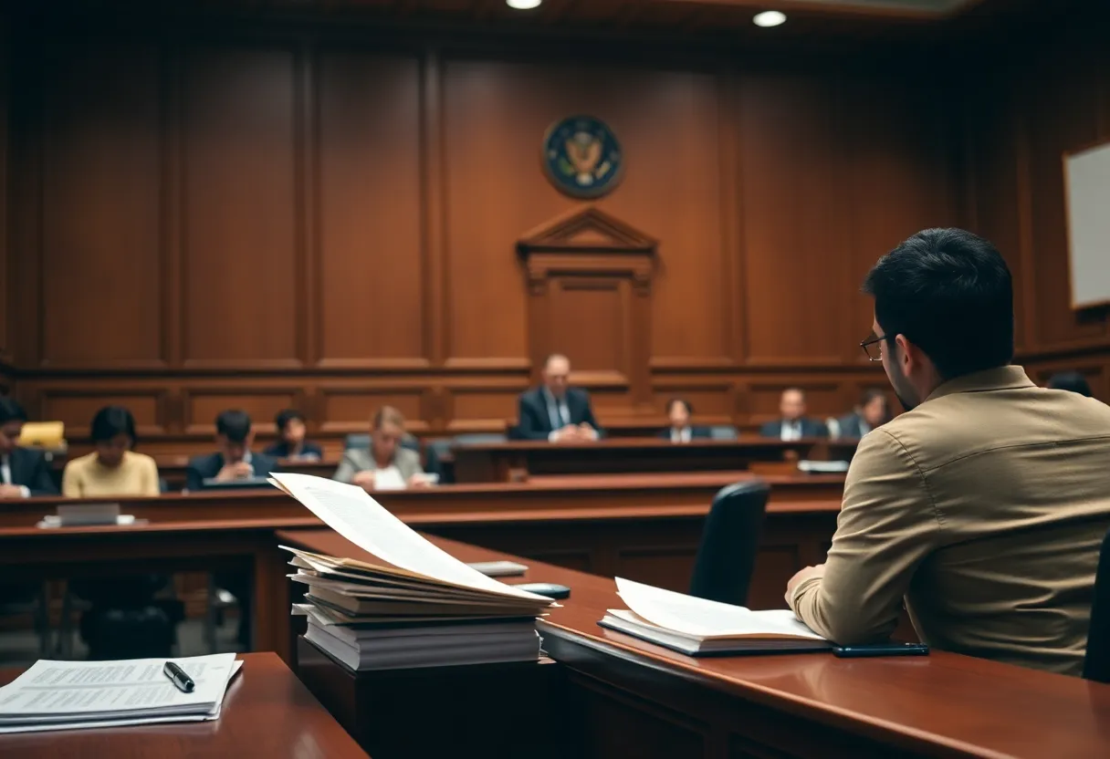 A courtroom setting focused on drug offenses, showcasing legal proceedings and documents.