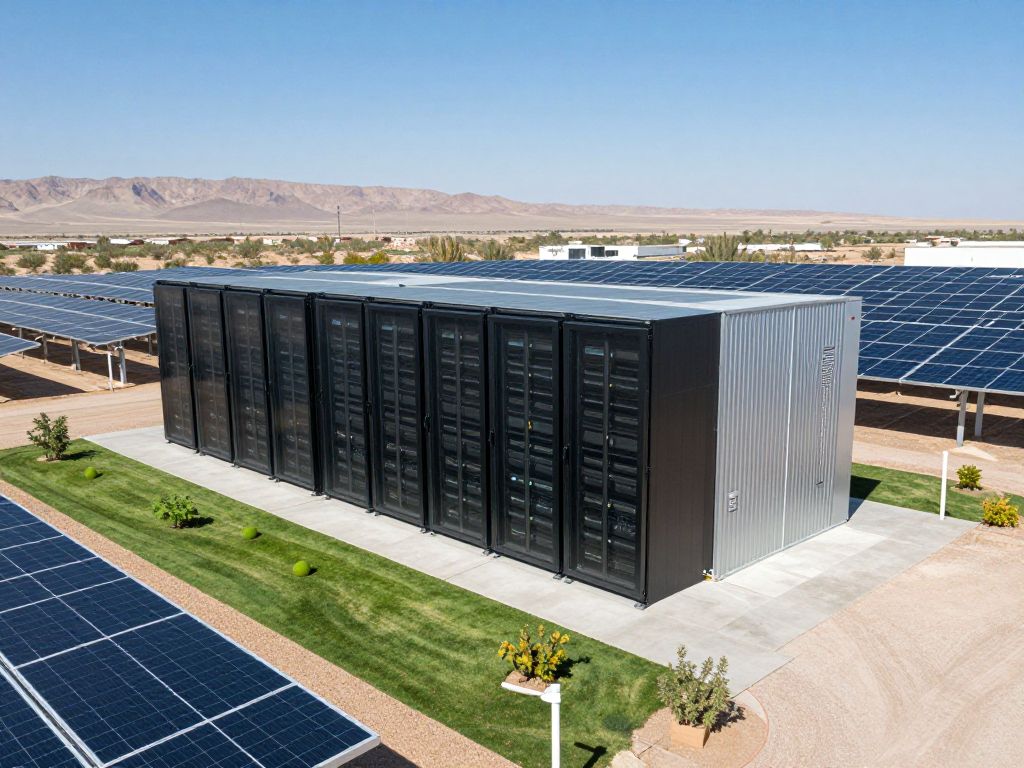 Exterior view of a data center in Phoenix with solar panels