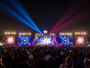 Crowd gathering at Decadence Arizona festival with colorful lights