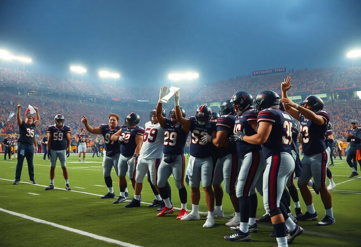 Desert Mountain High School football team celebrating their state championship win on the field.