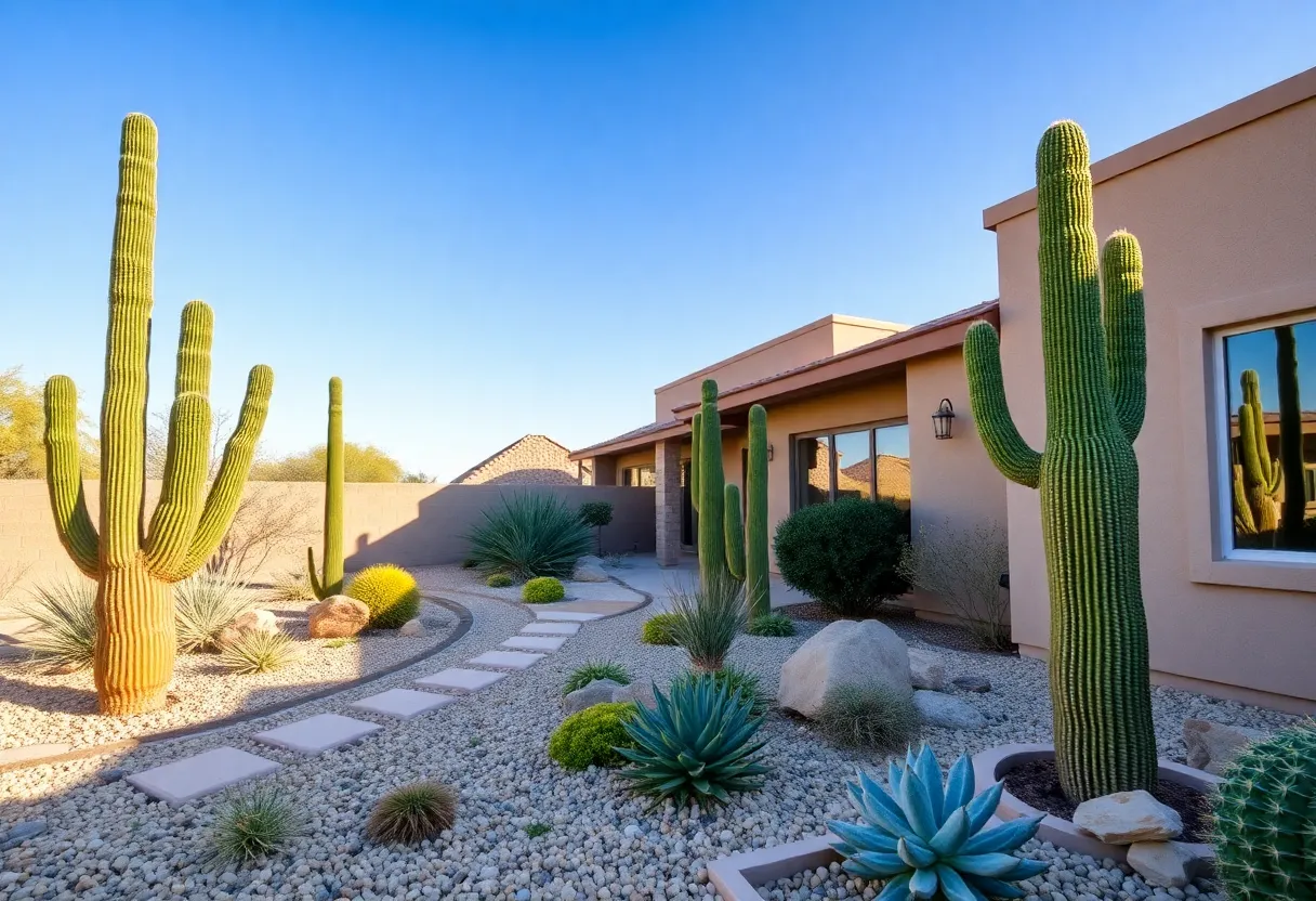 A vibrant desert landscape showcasing various drought-tolerant plants in a Phoenix backyard.