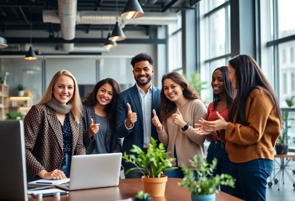 A group of diverse entrepreneurs collaborating in a bright, modern workspace.