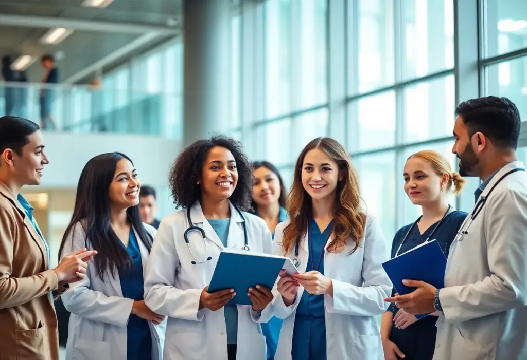 A group of diverse medical students collaborating in a classroom.