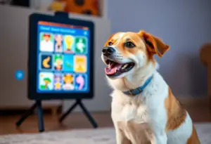 Pet interacting with a colorful interactive screen